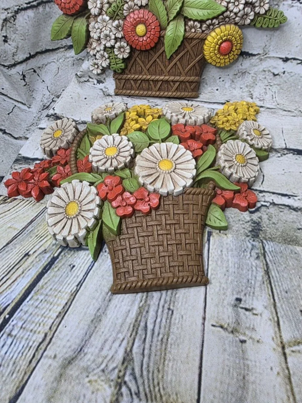 2 Vtg Syroco Molded Plastic Flower Basket Wall Plaques Decor Retro 1975 USA 11